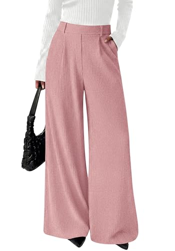 BTFBM Wide Leg Pants for Women Dressy Work Business Casual Elastic High Waisted Trousers Ribbed Lounge Palazzo Pants(Pink, X-Large)