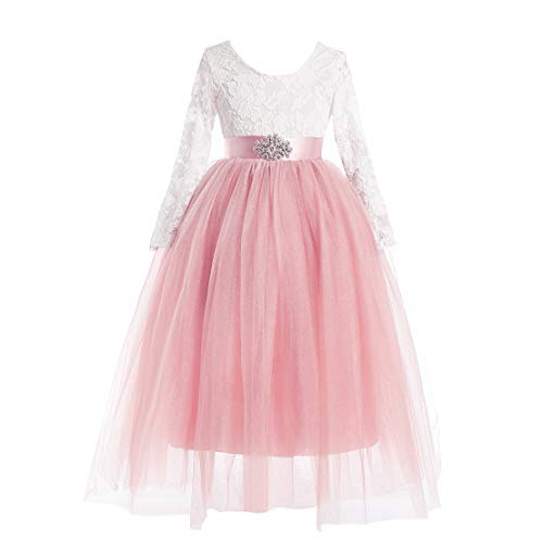 Glamulice Blush Pink Ivory Teen Flower Girls Backless Dress Lace Junior Wedding Bridesmaid Evening Formal Party Ball Gowns Kids Birthday Pageant Long A line Tulle Holiday Boho Maxi Dresses 10-11 Dance
