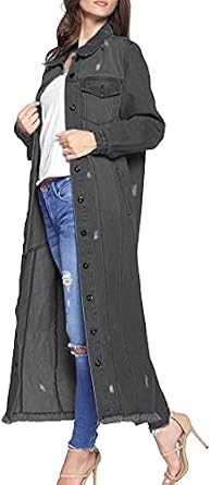 Womens Classic Distressed Cotton Denim Button Up Oversized Long Jean Jacket