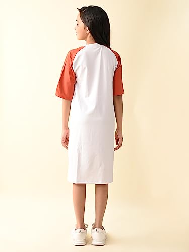 Image of LILPICKS Girls Colorblock Trapeze Drop Shoulder Dress (White Orange)