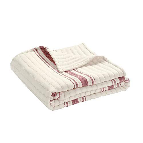 Image of Lush Decor Farmhouse Stripe Kantha Pick Stich Yarn Dyed Cotton Woven Throw Reversible Ticking Pinstripe Design Blanket, 50 inch x 60 inch, Red