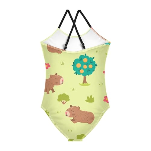 Girls One Piece Swimsuits Capybara with Tangerine Tree Pattern Sport Halter Swimwear Beach Bathing Suit, 5-6T2