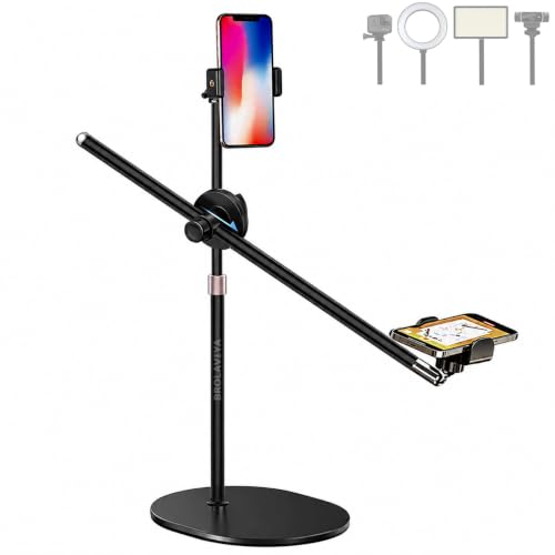 Image of BROLAVIYA Overhead Video Floor Stand, Premium Metal Body, 1 /4 inch Head for Webcam,Gopro, 360 Rotation with Mobile Bracket for YouTube, TikTok, Desktop, Bedroom, Cooking and Recording. Black