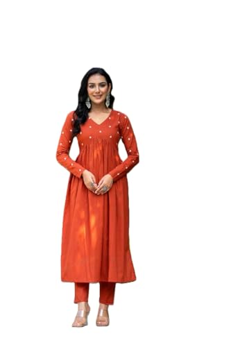 Image of Women's Dhanna Fashion Long Cut Salwar Suit with White Polka Dots,Full Sleeves, V-Neck,, Rayon