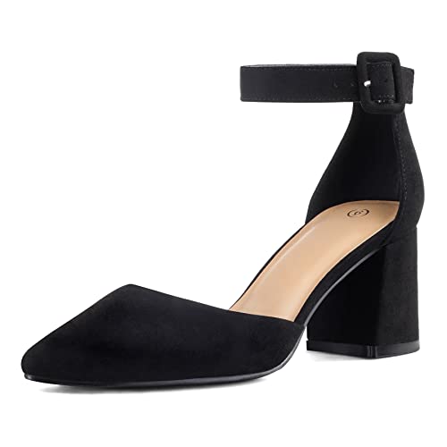 mysoft Women's Pointed Toe Low Chunky Heels Closed Toe Ankle Strap Dress Pump Shoes - Available in Wide Sizes