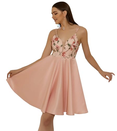 Robe trapèze brodée rose pour femme chic habillée en satin pour cocktail de mariage