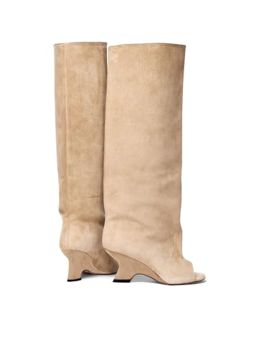 MissHeel Open Toe Suede Knee High Boots Wide Calf Wedge Heel4