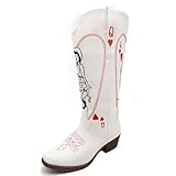 Fomoti cowgirl boots Vintage Embroidered Riding Boots Western Cowboy Boots with Red Heart & Star Patterns Slip-On Embroidered Boot (White,10)