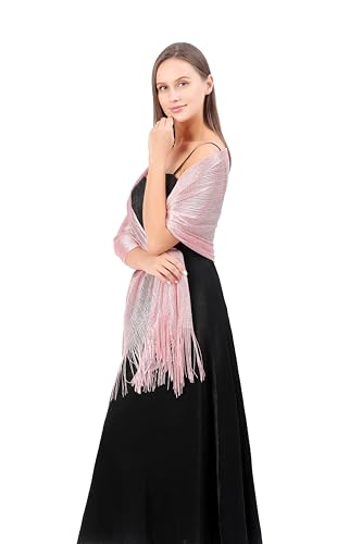 Image of Stoles for Evening Dress with Buckle, Fringes - Polyester Blend, Shimmer Stole Wraps for Weddings, Party | Women's Clothing