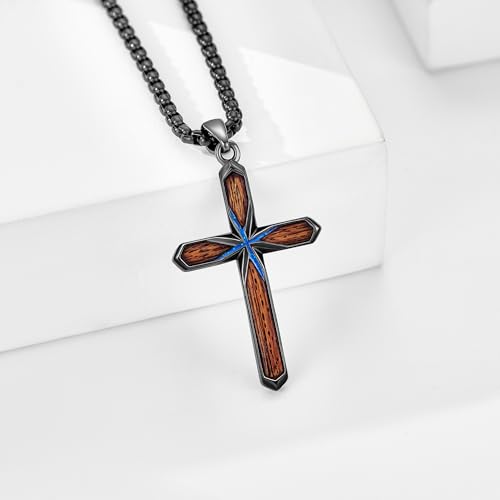 YAFEINI Black Cross Necklace Sterling Silver Cross Necklace Wood Grain Crucifix Christian Jewelry Catholic Gifts for Men4