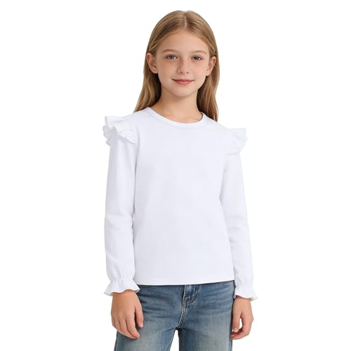 Image of LYSMuch 7-14Y Girls Ruffle Long Sleeve Shirt Kids Crewneck Basic Blouse Casual Tee