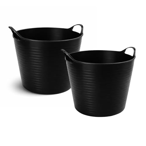 TUKA Pack de Capazos de Plástico 30 L – Profesional, Color Negro | Barreño, Cubeta Resistente Multiusos para albañilería, jardinería, Agricultura y hogar (2, Negro)
