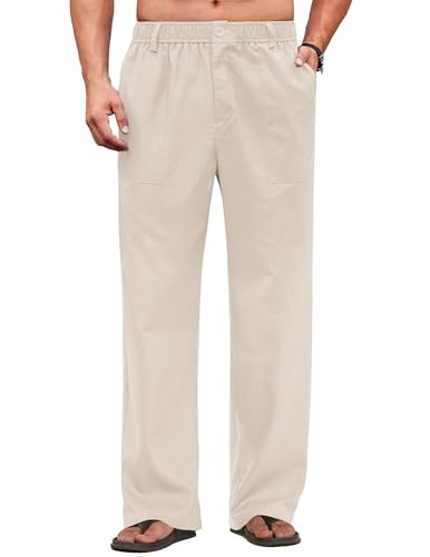 COOFANDY Men's Casual Cotton Linen Pants Lightweight Relaxed Fit Yoga Trousers Summer Vacation Beach Pants Beige