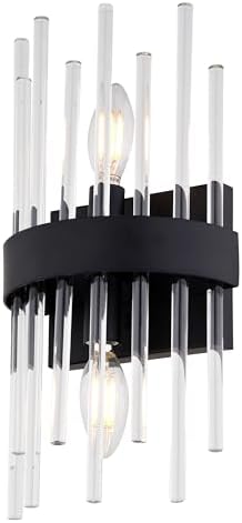VAXCEL Delevan 2-Light 7.25 in. Wide Matte Black Modern Contemporary Wall Mounted Sconce with Clear Glass Rod Shade, Dimmable, LED Compatible, Metal Bathroom Vanity Lighting Fixture