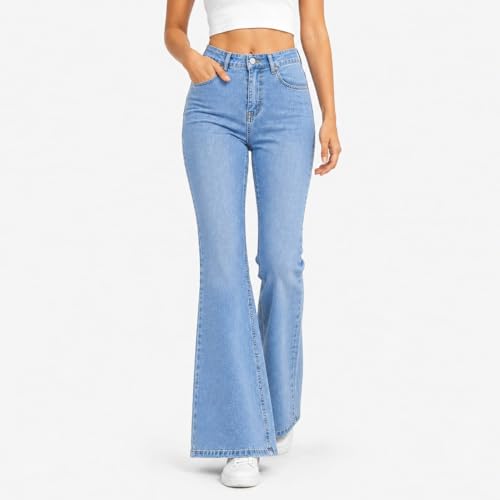 Image of Women's High Waist Bell Bottom Jeans | Flared Wide Leg Stretchable Denim Pants | Stylish Casual, Party & Everyday Wear | Denim Pant Suits | Bootcut Fit Design