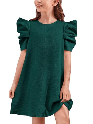 Floerns Vestido casual de verano para niña, manga corta abombada, cuello redondo, recto, Verde, 9 años