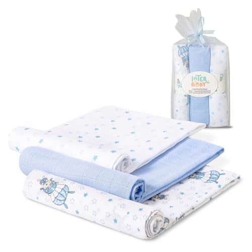 Interbaby Muselinas Bebe Algodon 80x80cm | Pack 3 Gasas para Bebes Recien Nacidos, Lactancia, Toalla, Manta | Muselinas Bebe Cómoda, Suave, Transpirable | Diseño Paracaidista Azul