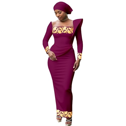 Image of African Dresses for Women High Waist Embroidery Elegant Traditional Midi Dress with Headscarf