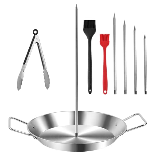 Stainless Steel Shawarma Pan for Oven & Grill - Vertical Skewer with Gyro Plate & 5 Spikes (6"-14") in Middle - Al Pastor Rotisserie for Tacos, Chicken, Pork - Gyro Cooking Pan, Roasting Skewer Stand.