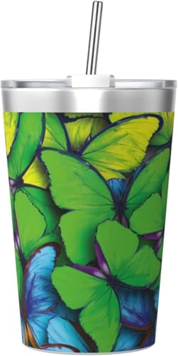 魔法瓶 カラフル 蝶柄 タンブラー 350ml ステンレス製 水筒蓋とストロー付き 真空断熱漏れない 持ち運び 直飲み 子供 通勤 通学 かわいい おしゃれ プレゼント