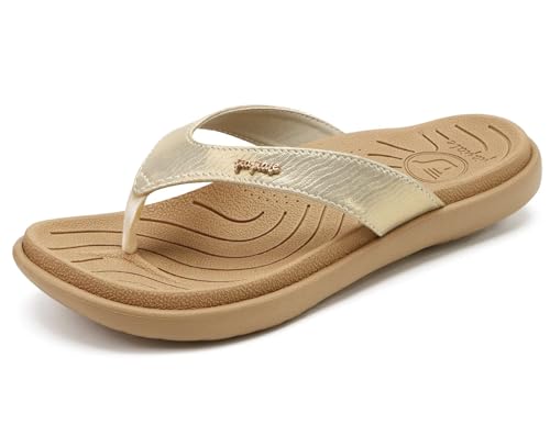 jiajiale Womens Fashion Orthotic Flip Flops Ladies Slip On Lightweight Comfortable Thick Cushion Yoga Mat Thong Sandals With Plantar Fasciitis Arch Support, Beige, 8
