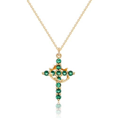 Robaice Birthstone Crown Cross Necklace for Women, Gold-Plated Christian Faith