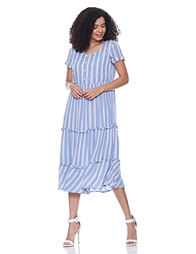 Image of Easybuy Women's Polyester Fit and Flare Below The Knee Dress (WT20FF13LW Blue XL)
