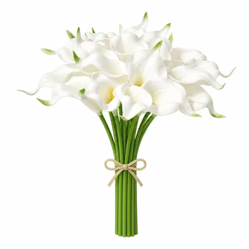 Mandy's White Calla Lily Artificial Flowers, 20 Stems 13.5' PU Realistic Bouquet for Vase, Elegant Home Decor Centerpiece, Wedding Bridal Bouquet, Summer Decoration