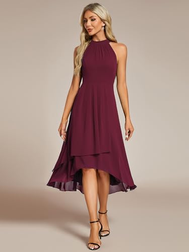 Image of Ever-Pretty Women's Halter Chiffon Midi Cocktail Wedding Guest Dress | High Low, Pleated, Summer Semi Formal Dress, Mother of the Bride Dress