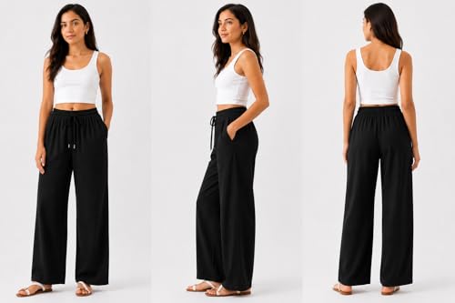 Image of THUMBA Women's Cotton Linen Wide Leg Pants | Elastic Waist Relaxed Fit Trousers | Breathable Summer Palazzo Pant with Pockets| Casual Office Travel Wear