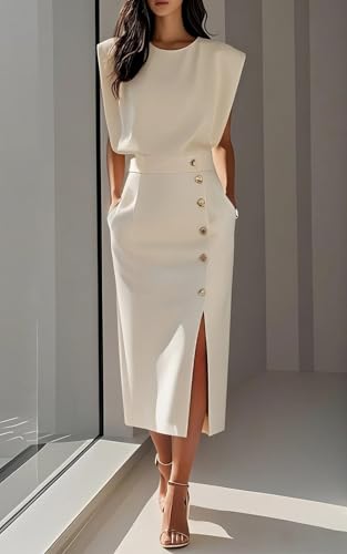Women's Summer High-Waist Button Slit Slim Work Dress Formal Round Neck Sleeveless Shift Midi Dress2