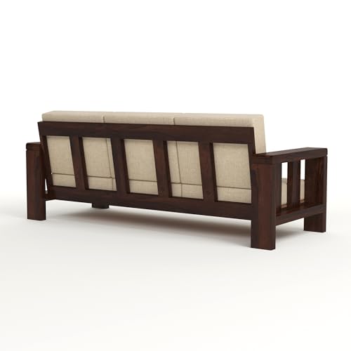 Image of Solid Sheesham Wooden 5 Seater Sofa Set for Living Room with Comfortable Cushion - Wooden Sofa Set 5 Seater for Home & Office Furniture (Walnut, Haney 5 Seater 3+1+1)