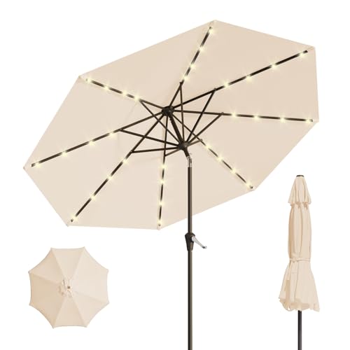 Patio Kingdom 9FT Solar Umbrella 32 LED Lighted Patio Umbrella Table Market Umbrella w/Tilt and Crank UV-Resistant Outdoor Umbrella for Pool Garden Deck Beige