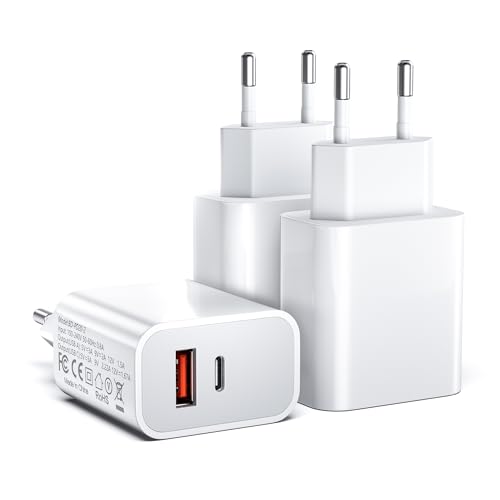 [3 Unidades] Cargador USB C, Fuente de alimentación de 20 W de 2 Puertos Compatible con 11/12/13/SE/14/15/16 Pro MAX, USB A+C PD3.0, Cargador rápido, Adaptador de Carga Tipo C (sin Cable de Carga)