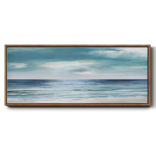 Renditions Gallery Floater Frame Paintings Blue Silver Tranquil Shore Abstract Wall Hangings for Office Hotel Farmhouse - 12"x30" Walnut Frame LT620