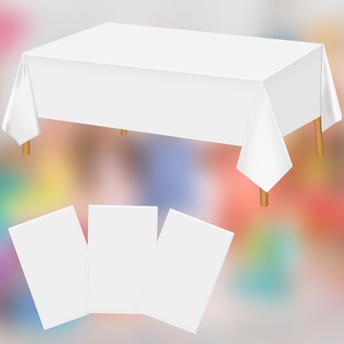 Image of Hxezoc 3 Pack White Disposable Plastic Tablecloths, 54 x 108 Inches Waterproof Table Cover for Wedding Birthday Party Baby Shower Decorations Outdoor Indoor Party Supplies