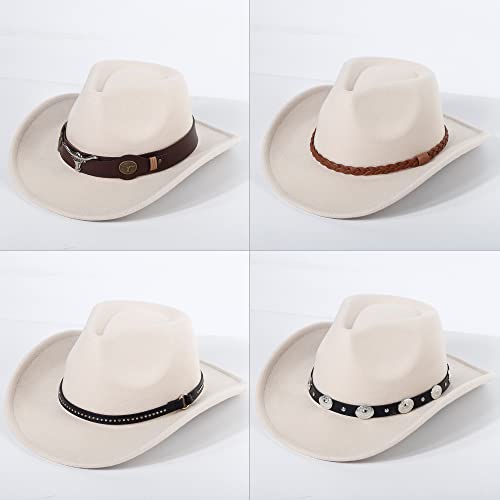 Image of 2 Pack Western Cowboy Hats for Women Men 4 Different hat Bands | Classic Felt Wide Brim Costume Cow Boy Hat Curved Brim Cowgirl Hat