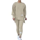 NSICBMNO White Womens Tracksuit Set 2 Piece Outfits Oversized Sweatshirts Gym Leggings Airport Out Long Jumpers Split Hem Trousers Casual Co Ord Sets Winter Lounge Wear Sets For Gym Sports Travel
