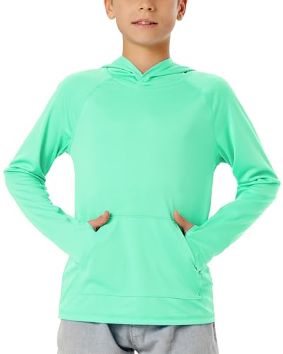 Image of Boys Rash Guard Long Sleeve Hoodie Swim Shirt with Pocket Youth Kids UPF 50+ Sun Protection Fishing Shirts Thumb Hole
