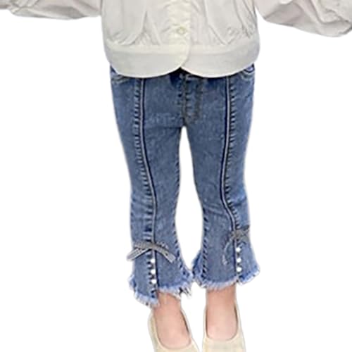 Infant Girls Soft Elastic Waist Bell Bottoms Pearl Bowknot Denim Pants Kids Comfy Cotton Split Hem Flare Pants