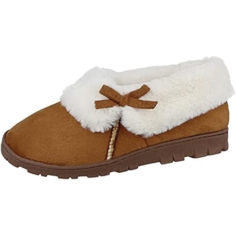 Cushion Walk Ladies Tartan Faux Suede Sheepskin Fur Trim Lined Nordic Bootie Slipper Boots (6, Chestnut, numeric_6) Cover