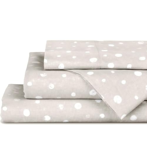 Image of Linen Home 100% Cotton Printed Percale Sheets Cal King Size, Polka Beige
