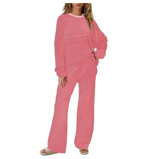SENSERISE Womens Striped Lounge Set 2 Piece Outfits Fall Matching Pajama Sets Long Sleeve Striped Shirt Wide Leg Pants(Pink Red,S)