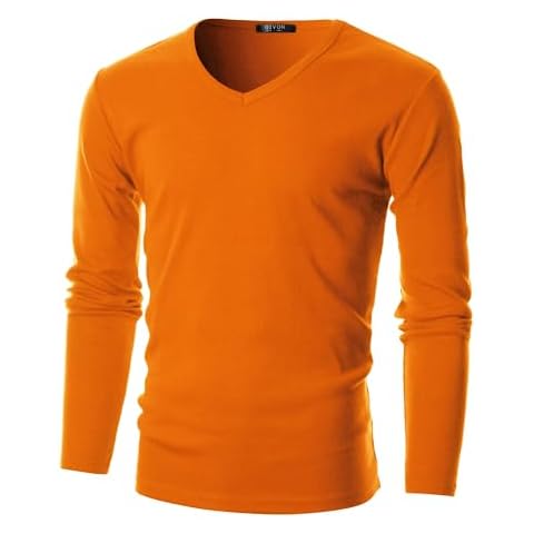 GIVON Mens Classic V-Neck T-Shirt Slim Fit 100% Cotton Long Sleeve Lightweight Tee Tops / DCP053-ORANGE-M Cover