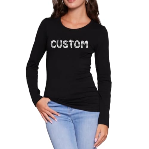 CUSTOM BLING T-Shirt, Personalized Rhinestone Long Sleeve Top, Choose Your Own Custom Words, Rhinestone Bling Long Sleeve T-Shirt, Gem Bedazzled Sparkle Tee, Bling Top, Great Quality Shirt (Black, Large)
