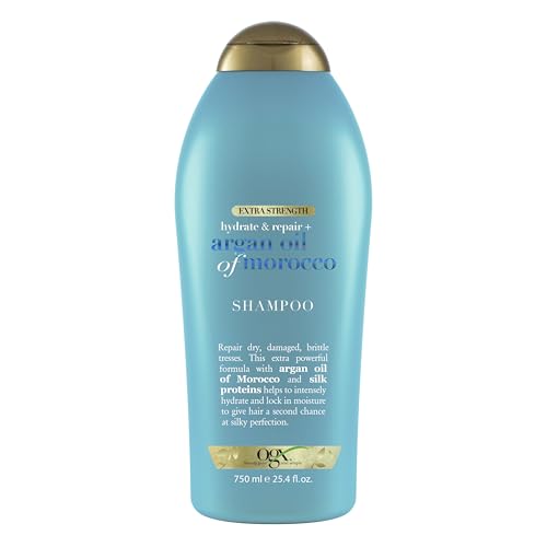 OGX Extra Strength Hydrate & Repair + Argan Oil of Morocco Shampoo for Dry, Damaged Hair, Cold-Pressed Argan Oil to Moisturize & Smooth, Paraben-Free, Sulfate-Free Surfactants, 25.4 Fl Oz
