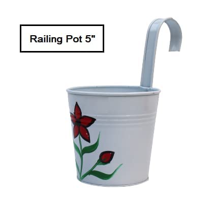ALTRUIST Railing Oval Flower Pots Planters for Plants, Hanging Metal for Balcony Railing Vertical Hook for Home Gardening, 5 Inc Railing Pot White Color | Set of 4|