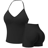 Seamless Gym Sets for Women 2 Piece Halter Crop Top Sports Bras Hidden Scrunch Shorts Yoga Outfits Activewear Tracksuit