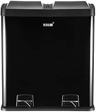 60L Dual Compartment Recycling Pedal Bin - Stainless Steel, Black, Soft Close - Kitchen Rubbish