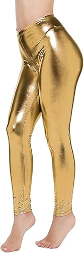 BOOM Prime Legging métallique Brillant Effet mouillé pour Femme - Pantalon Extensible à Taille Liquide (Or, 2XL)